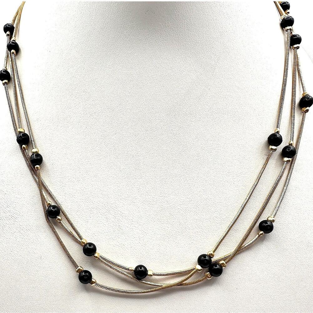 Vintage Y2K Gold Snake Chain Necklace Black Beads Layered 90s Statement